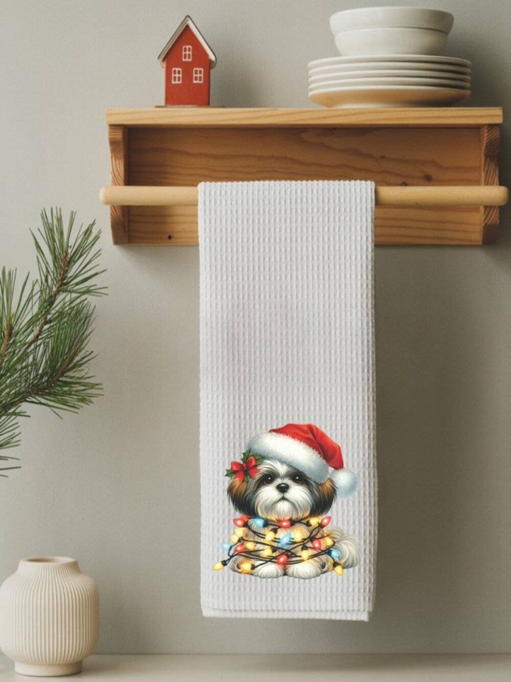 Shih Tzu Christmas Lights Decorative Kitchen Tea Towel